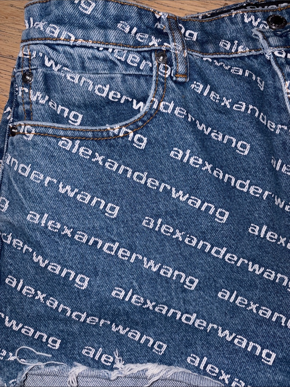 Alexander Wang Navy Logo-Print Denim Cutoff Shorts - Picture 2 of 7
